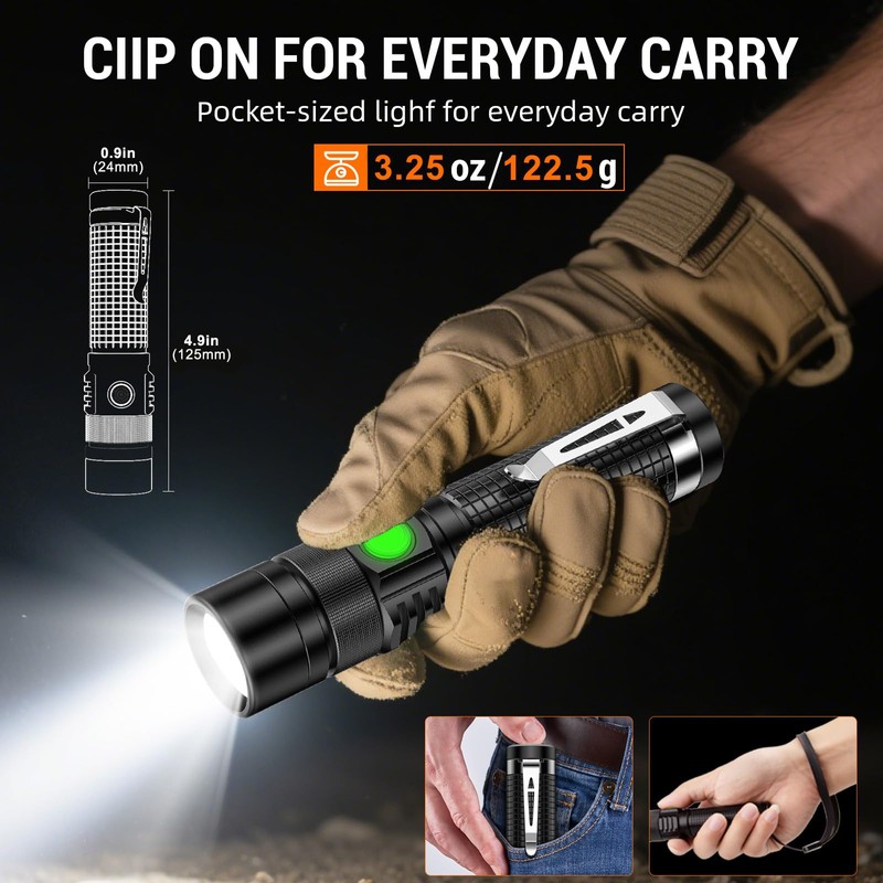 LED Tactical Flashlight Rechargeable - One Click SOS, Super Bright