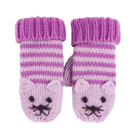Kids Kitty Cat Stripe Knit Mittens- Purple (Age 6-12 Y)