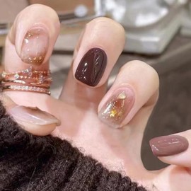 Nail Tip, Short, 24 Pieces, False Nails, Brown Color, Gold Foil, Popular, Nail Tip, Japanese Style, Cute, Simple, Fashionable Party, Autumn, Spring, Summer, Daily Life, Bridal Nail Tip, Coming of Age