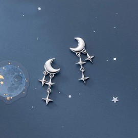 SLUYNZ 925 Sterling Silver Tiny Moon Star Earrings Studs for Women Teen Girls Small Moon Studs Earrings Star Drop (A-Silver)