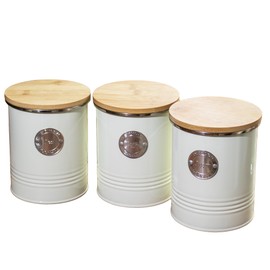 Darthome Cream Metal Tea Coffee Sugar Kitchen Storage Canisters Set Wood Lids