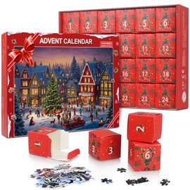 RAISLY Advent Calendar 2025 Jigsaw Puzzle, 24 Days Christmas Countdown Calendar for Kids, 24 Boxs 1008 Pieces Puzzles for Boys and Girls Xmas Family Toys Gift for Teens Adults, red