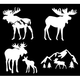 Moose Decal 4 Pack: Moose Mountain Silhouette, Moose with Calf, Walking, Mountain Moose (White, Large ~5")
