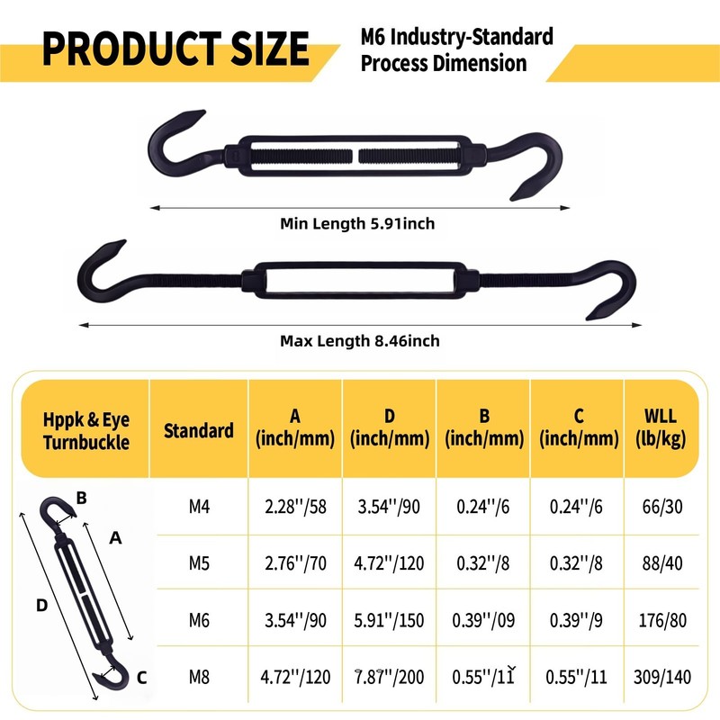 RiaYer 10 Pack Black 304 Stainless Steel M6 Hook and