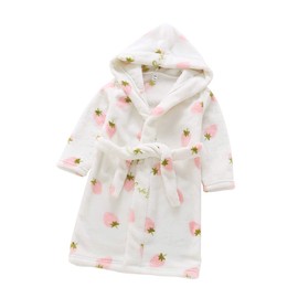 TOLLION Toddlers Boys Girls Hooded Robe Soft Fleece Bathrobe Pajamas Dressing Gown Sleepwear(White Strawberry,5-6 Years)