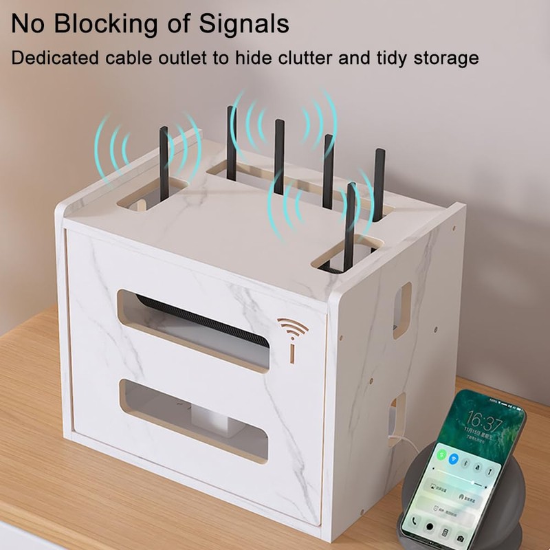 Wooden Router Shelf, Desktop WiFi Router Storage Box Modem Rack