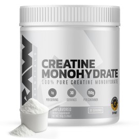 RAW Nutrition Creatine Monohydrate Powder, Unflavored (30 Servings) - Micronized Creatine Monohydrate Supplement for Workout Performance, Build Muscle & Strength - Creatine Powder for Men & Women