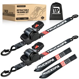 Truckiipa Retractable Ratchet Straps - 2Pack 2 Inch x 13 Ft (3300lb Break Strength) - Heavy Duty Auto Self Retractable Strap Tie Down Kit with Loop for Trucks, Motorcycle, Cargo Trailer (Black)