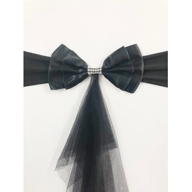 iEventStar 10pcs Ready to Use Spandex Stretch Chair Band with Double Satin Bows & Sashes Chair Sashes Bow for Beach Wedding Party Decoration (10, Black)