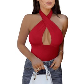 REORIA Women's Slim Sleeveless Bodysuits Trendy Sexy Criss Cross Halter Neck Body Suits Double Lined Layering Going Out Tops Red X-Large