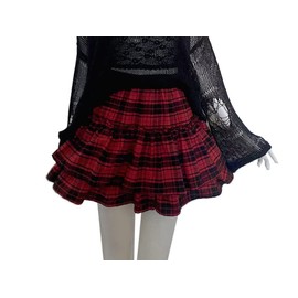 [TOKYO GOODS MARKET] [Kyu Ribon] Fluffy Elastic Waist Skirt Leg Cover Set, One Size Fits All (A/Red & Black Checker, One Size Fits All)
