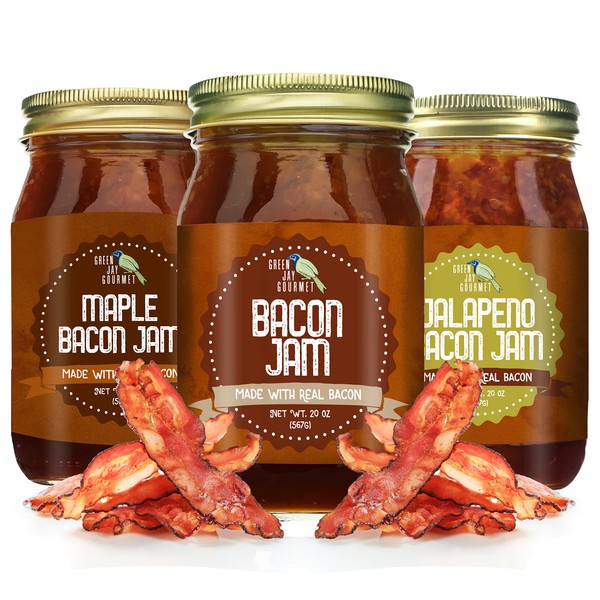 Green Jay Gourmet Bacon Jam Sampler Pack - Classic Spread for Burgers, Sandwiches, Toast, Charcuterie - Sweet, Savory Flavoring for Meat, Poultry, Dressing - MSG, Trans Fat, & Gluten Free - 3 x 20 oz