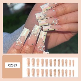FIEONCIY Press on Nails Coffin Long Glossy Full Cover Acrylic Square French False Nails with Star Glitter Designs Artificial Ballerina Fake Nails with Charm Glue Stick on Fingernails for Women