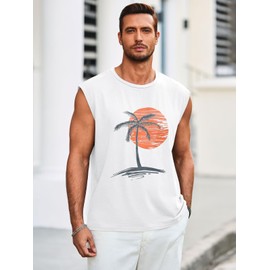 Runcati Mens Sleeveless Tank Tops Workout Gym Muscle Shirts Palm Tree Vintage Hawaiian Summer Beach T Shirts White
