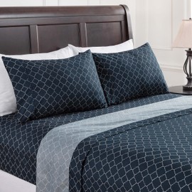 Chanasya Premium Quatrefoil Print Geometric Patterned King Size Bed Sheet Set 4-Piece - 1 Flat Sheet 1 Fitted Sheet 2 Pillowcases - Ultra Soft Luxurious Microfiber Sheets - Navy Blue