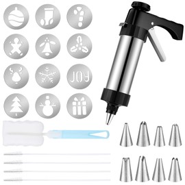 Reallnaive Christmas Cookie Press Set Includes Stainless Steel Cookie Press Gun 12 Cookie Press 8 Discs Icing Nozzles 5 Cleaning Brush Cookie Maker for Baking Holiday Cakes Christmas Birthday