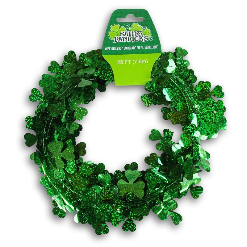 St. Patrick's Day Shimmering Shiny Green Shamrock Tinsel Wire Garland