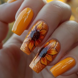 Glitter Yellow Flower Press on Nails Medium Coffin Fake Nails Flower False Nails with Chrysanthemums Designs Glossy Stick on Artificial Nails Spring Summer Acrylic Nail Decorations for Women 24 Pcs