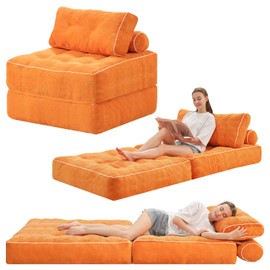 HABUTWAY Folding Sofa Bed, Convertible Sleeper Chair Bed w/Dual-Pillow & Handle, Foldable Floor Sofa Lounge w/Back Support for Living Room, Bedroom, Apartment, Office, Orange