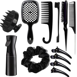 プロ仕様ヘアスタイリングコームセットABS製ヘアスタイリングコーム、マッサージコームウェット＆ドライヘアスタイリングツール (ブラックセット（メッシュコーム付き）)