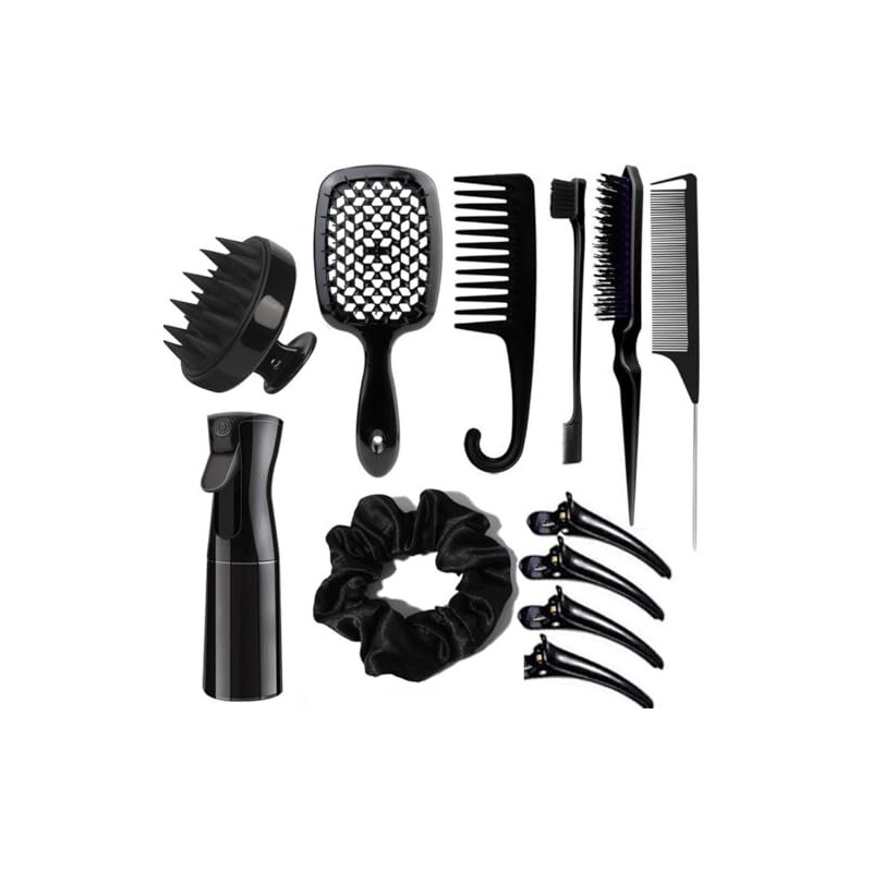 プロ仕様ヘアスタイリングコームセットABS製ヘアスタイリングコーム、マッサージコームウェット＆ドライヘアスタイリングツール (ブラックセット（メッシュコーム付き）)