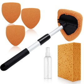 Windshield Cleaner Tool 22.5" L - Car Interior&Exterior Window Cleaning Kit with Extendable Handle&4 Microfiber Pads and Thick Large Wash Sponge,Auto Glass Wiper Brush Kit for Cars Home (7pcs Orange)