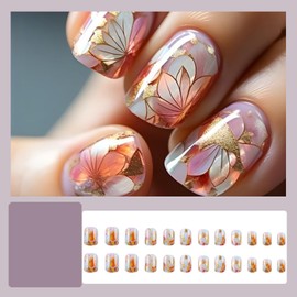 RIICFDD Fall Press on Nails Short Coffin Fake Nails Pink False Nails with Color Gradient Designs Glue on Nails Ginkgo Stick on Nails Full Cover Glossy Acrylic Nails for Women Nail Art 24 Pcs