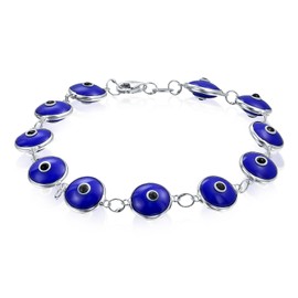 Protection Good Luck Amulet Turkish Glass Bead Evil Eye Bracelet For Women Teen .925 Sterling Silver Navy Blue 7 Inch