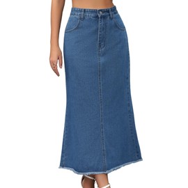 CIMUK Women Denim Skirt Maxi A Line High Waisted Raw Hem Casual Jean Skirt Small Blue