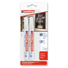 edding 4095 Chalk Marker – White – 2 Chalk Pens – Round Tip 2-3 mm – Chalk Pen for Blackboard, Wipeable – for Writing on Windows, Glass, Mirrors – Blackboard Pen with Opaque Colours