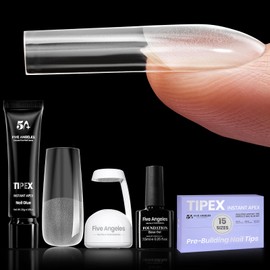 Five Angeles Tipex Nail Tips Kit,Pre-etched Acrylic Hard Nail Tips Set for Beginners,Long Square Full Cover Press On Nails,Deep C Curve Flat Nails,UV Nail+Glue+LED Lamp+Base Gel
