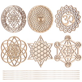 CHGCRAFT 6 Sets 6 Style 3.9inch Sacred Geometry Wall Art Set Meditation Chakra Wood Wall Sculpture Flower of Life Mandala Wooden Crystal Grid Board for Yoga Meditation Room Home Decor