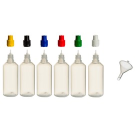 Pack of 6 100 ml PP Bottles with Coloured Lids + Filling Funnel