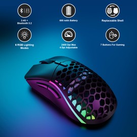ELECGO Wireless Mouse, Bluetooth Mouse 2400 DPI with 2 Side Buttons, Dual Modes 2.4G Wireless/5.2 Bluetooth, Ergonomic Design & Replaceable Shell, RGB Light Wireless Mouse for PC, Laptop, Gamer