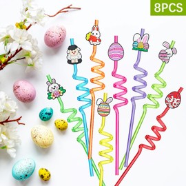 Ynaice Easter Decorations Plastic Straws,8PCS Easter Bunny Egg Decor Resuable Drinking Straws Cute Animal Curly Hard Party Birthday Straws for Kids Boys Girls