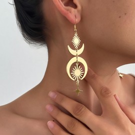 Sun Moon Star Earrings Dangle Gold Celestial Star Witchy Jewelry for Women Boho Whimsical Rave Long Dangle Feather Earrings for Women
