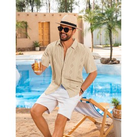 LecGee Men's Crochet Shirt Sheer Dress Shirt Summer Beach Flowy Shirt Casual Loungewear Hollow Jaquard Mesh top(Beige,M)