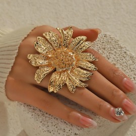 Vintage Gold Flower Ring – Elegant Adjustable Sunflower Women’s Jewelry, Rust-Proof Chunky Alloy Ring