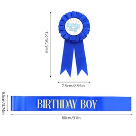 Grevosea Birthday Boy Decorations Set - Includes Boy Sash, Award Ribbon Badge for Kids Party Supplies (Blue)