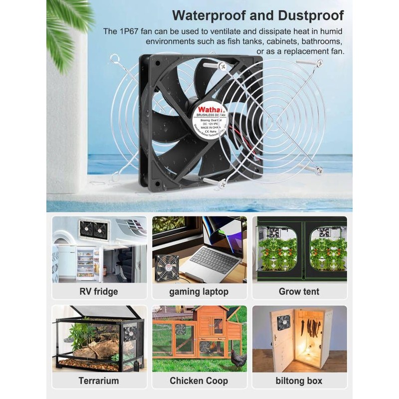 Wathai 120mm x 25mm DC 12V Waterproof Fan Dual Ball