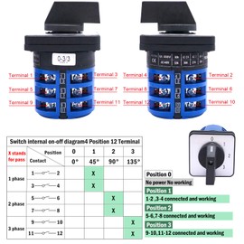 Taiss Universal Changeover Switch 32A 690V 4 Position 12 Terminals Latching Rotary Cam Selector Switch + SV2-4s Blue Connection Terminal LW26-32 0-3/3