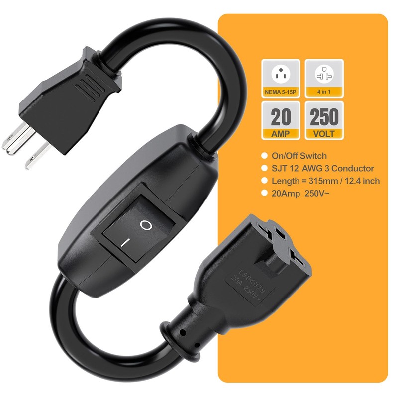 Heavy Duty On/Off Switch Extension Cord 12-AWG 15A Household Plug