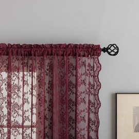 YJ YANJUN Burgundy Sheer Curtains 90 Drop Pair for Doors Vintage Maroon Lace Net Curtains with Scalloped Edges Chic Floral Voile Panels for Living Room132cm Width x 229cm Drop (52"x 90") Maroon