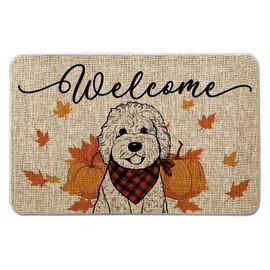 QIONG MENG Fall Door Mat Golden Doodle Rugs Dog Autumn Harvest Doormat Thanksgiving Home Kitchen Decor Floor Front Mats 17 x 27 Inch for Outdoor Indoor