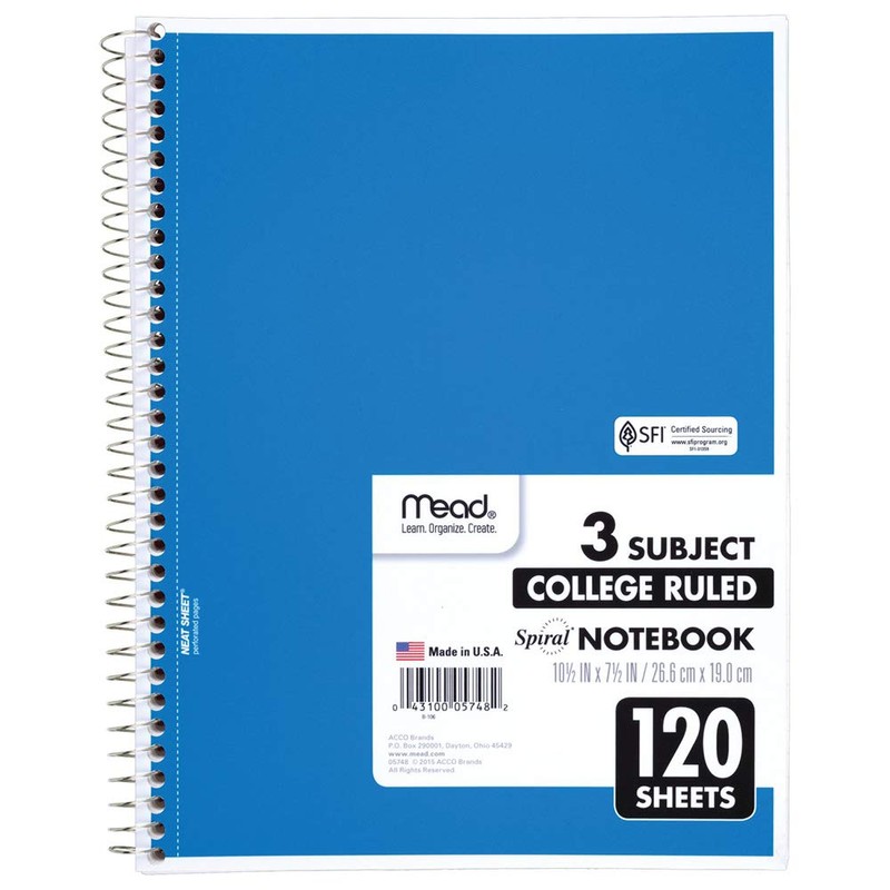 Mead Spiral Notebook, 3 Subject, College Ruled Paper(05748), 120 Sheets,