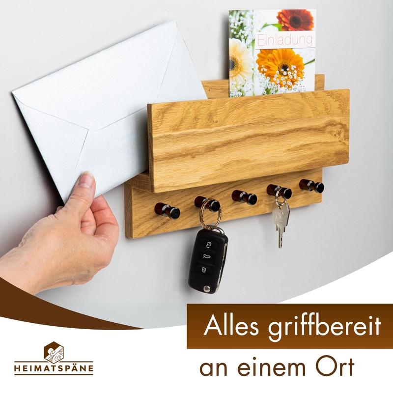 Heimatspäne Key Rack Wood with Shelf Solid Oak Wood High-Quality