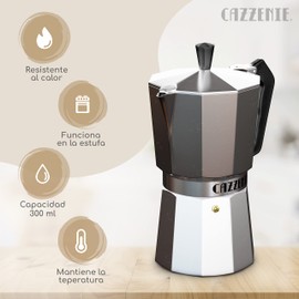 Cazzenie Cafetera italiana 300ml de Aluminio 1 Taza. Cafetera espresso para estufa con diseño clásico. Cafetera individual para preparar cafe o capuchino. Prensa italiana. Espresso maker