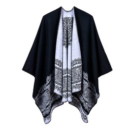 Women's Vintage Pattern Open Front Poncho Cape Shawl Winter Shawl Wraps (Series 1-Black)