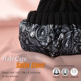 FURTALK Beanie Hats Women Satin Lined Knitted Hat Detachable Pompom Soft Feel Winter Hat Breathable for Girls Black