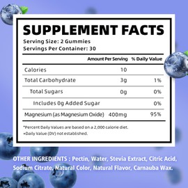 VCCHUYH Magnesium Oxide Gummies 400mg, Sugar Free Magnesium Oxide Supplement for Adults & Kids, Muscle Support & Energy Boost, Non GMO, Blueberry Flavor 60 Count